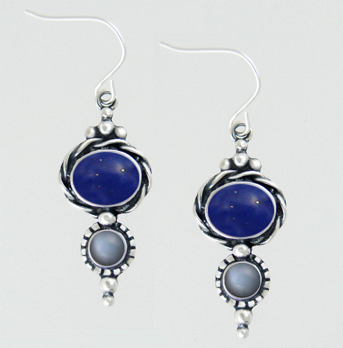 Sterling Silver Drop Dangle Earrings With Lapis Lazuli And Grey Moonstone